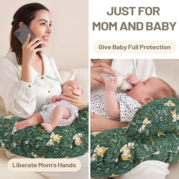Nursing Pillow for Breastfeeding, Animal Patterns Removable Cotton Cover, Support for Mom and Baby, Plus Size Ergonomic Design Breastfeeding Pillows, Machine Washable, Green