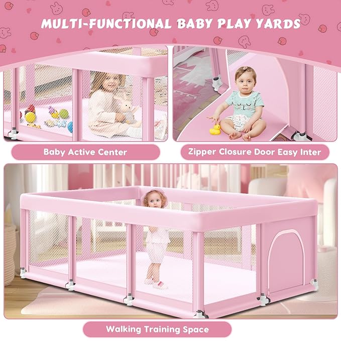74" ×50" Large Baby Playpen, Baby Playard for Babies and Toddlers, Play Pens for Indoor & Outdoor, Sturdy Safety Play Yard with Soft Breathable Mesh, Anti-Fall, Pink