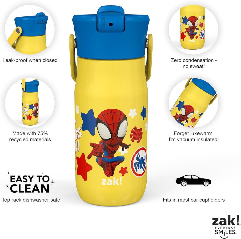 Zak Designs Harmony Marvel Spidey and His Amazing Friends Kid Water Bottle for Travel or At Home, 14oz Recycled Stainless Steel is Leak-Proof When Closed and Vacuum Insulated (Spiderman)
