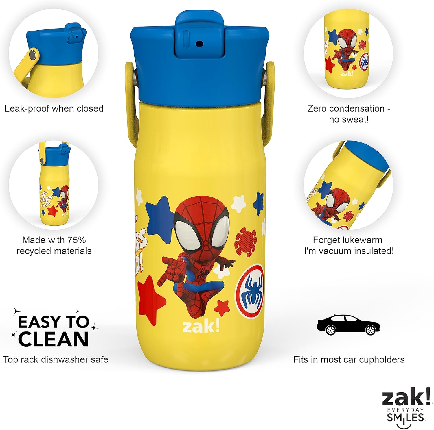Zak Designs Harmony Marvel Spidey and His Amazing Friends Kid Water Bottle for Travel or At Home, 14oz Recycled Stainless Steel is Leak-Proof When Closed and Vacuum Insulated (Spiderman)