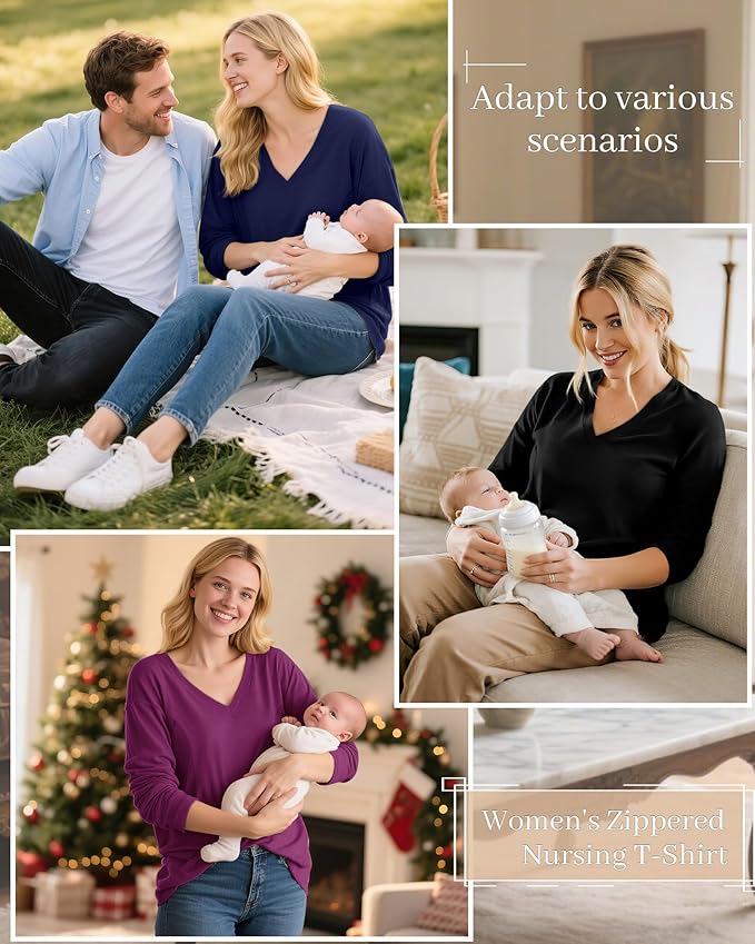 3 Pack Women's Oversize Nursing Shirts for Breastfeeding with Hidden Zippers Loose Fit Long Sleeve Maternity Tops