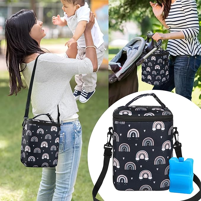 Breastmilk Cooler Bag with Ice Pack Fits 4 Baby Bottles Up to 9 Ounce Insulated Baby Bottle Bag Breast Milk Cooler on the Go with Strap Fits Medela/Dr.Brown's for Nursing Mom Daycare, Work or Travel