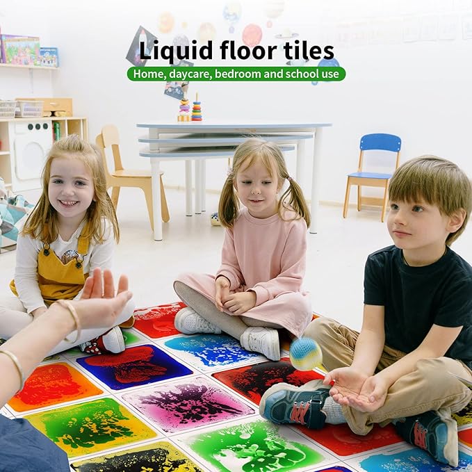 LONGKING 9 Pack 12" X 12" Sensory Tiles for Activity Play Centers for Children, Sensory Floor Tiles, Liquid Floor Tiles, Autism Sensory Poducts
