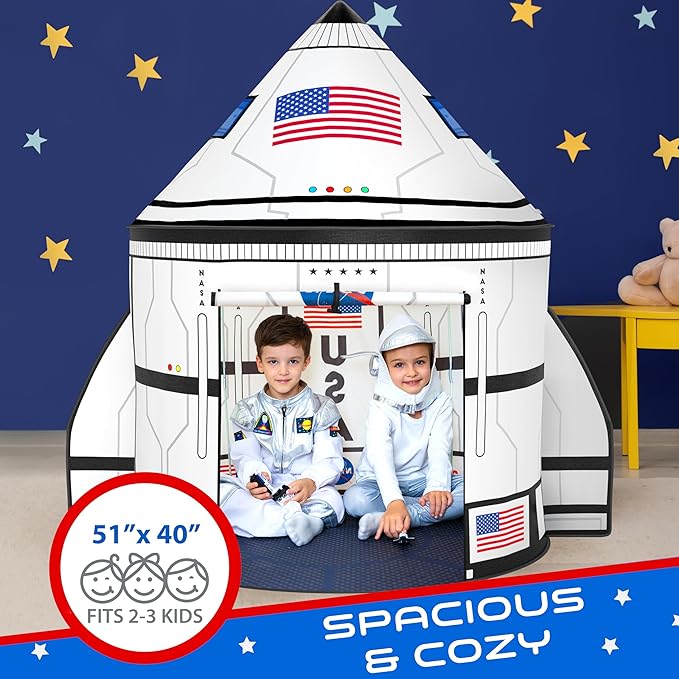 W&O Space Shuttle Explorer Tent with Blast-Off Button, LED Lights & 3 Space Toys – Rocket Ship Play Tent for Kids Ages 3-5
