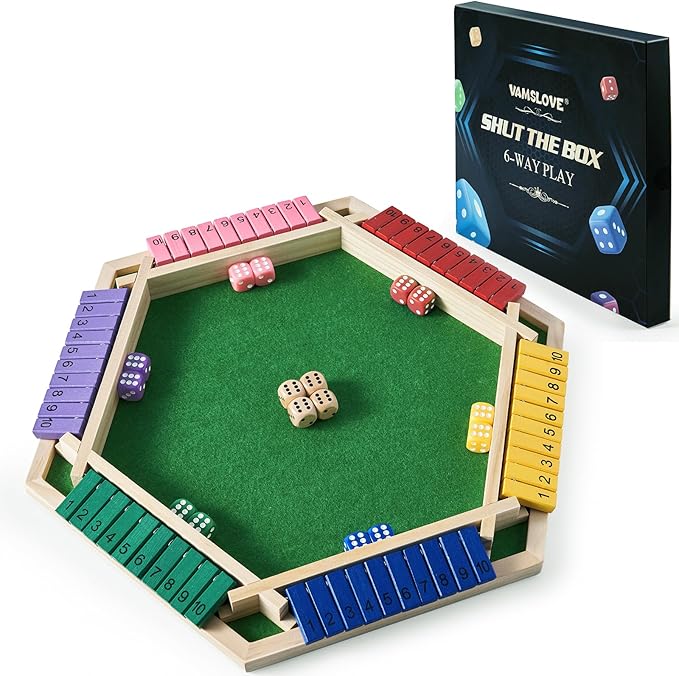 Vamslove Shut The Box Game for 6 Player with 12+4 Dice - Colorful 6 Sided Wooden Board Math Number Games for Kids Adults Families Party Club (Instructions Included)
