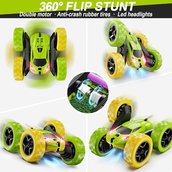 Remote Control Car, RC Car Toys for 6-12 Year Old Boys, Off Road RC Stunt Car 4WD 360° Rotating Remote Control Car for Kids, Boys Girls Gifts for Birthday, Christmas Yellow&Green
