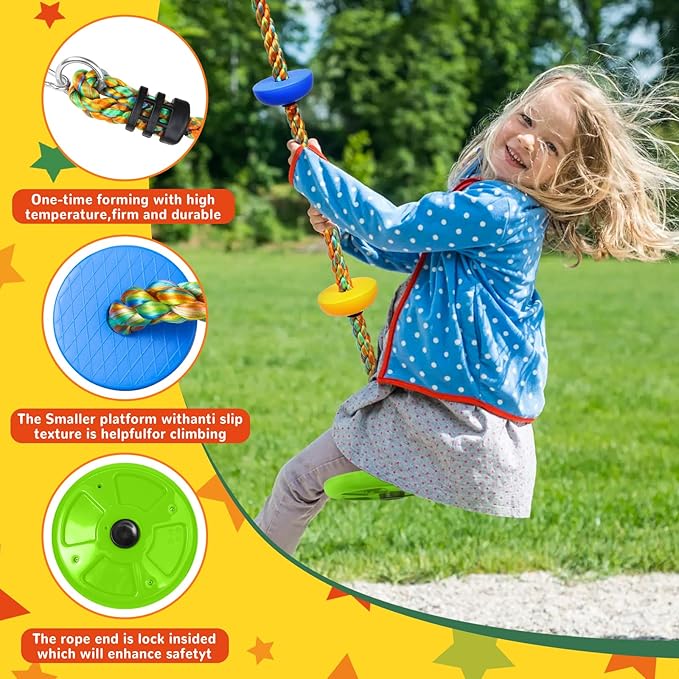 Tree Swing Rainbow Climbing Rope, Heavy Duty Swing Disc Seat Replacement for Kids with Hanging Strap and Platform Carabiners Indoor/Outdoor Playground Accessories (Leaf Green)