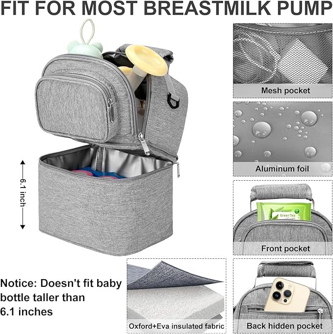 Breastmilk Cooler Bag with Ice Pack, Double Deck Breast Milk Storage for Breastfeeding, Nursing, Daycare, Insulated Lunch Bag with Strap