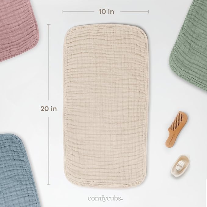 Comfy Cubs Muslin Burp Cloths 20" x 10", Pack of 10 - Large, 6-Layer, Ultra Absorbent 100% Cotton for Baby Drool and Messes - Soft, Safe & Gentle Baby Burp Cloths for Boys & Girls - Sand