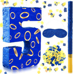 Number 5 Blue and Golden Rings Piñata for Kids Birthday Cartoon Theme Small Piñata with Blindfold Stick Confetti for Fiesta Cinco De Mayo Party Decor, 15.8 x 11 x 2.8 Inch