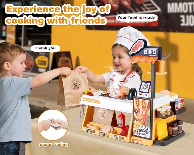Kids Kitchen Food PlaySet - Simulated BBQ Fast Food Store Toy with Cash Register, Includes Color-Changing Food Sound and Light Effects, Suitable Birthday Gift for Boys and Girls Aged 3-5