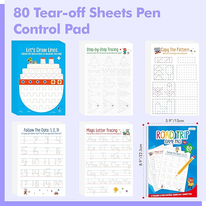 Pen Control & Tracing Activity Pad, 80 Tear-off Sheets Alphabet & Number Handwriting Practice Notepad for Kids, Letters A-Z/Numbers1-20/Patterns Tracing Workbook for Plane, Car Travel, Road Trip