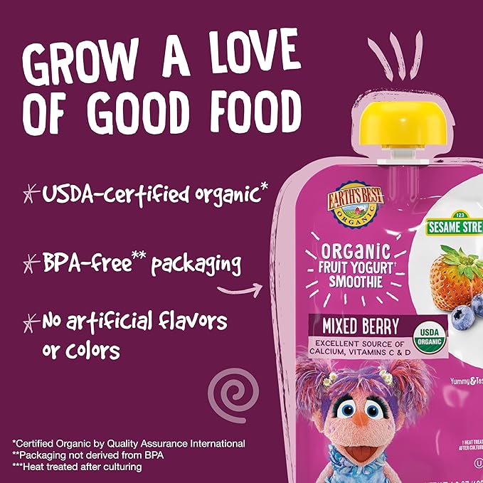 Earth's Best Organic Yogurt Smoothie Pouches, 24+ Months, Fruit and Yogurt Smoothie for Kids, Mixed Berry, 4.2 Ounce Resealable Pouch (Pack of 12)