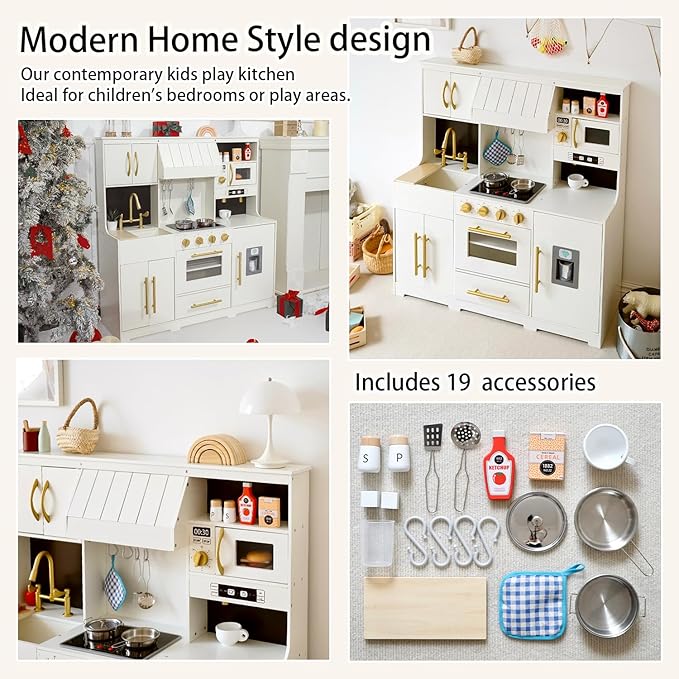 Play Kitchen for Kids with Various Interactive Toddler Kitchen Play Features and 19 Pcs Pretend Wooden Kids Kitchen playset Accessories, Toy Kitchen Set for Boys and Girls Ages 3+