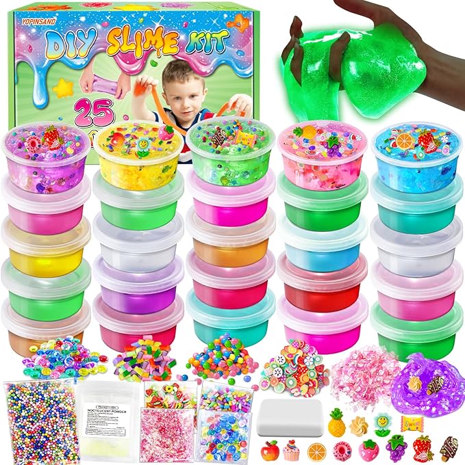 YOPINSAND 25 Cups DIY Slime Kit, Slime Making Kit for Girls, Crystal Clear Slime, Glow in The Dark Slime with Add-ins, Foam Balls, Charms, Slime Party Favors Gift Toys for Kids 3-12