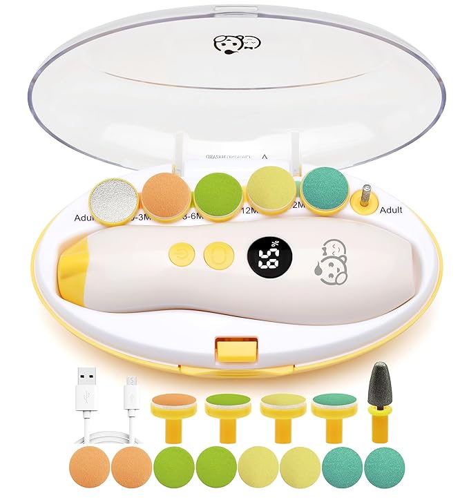 Rechargeable 22 in 1 Baby Nail Trimmer, Usage Labeled Case, 13 Extra Replacement Tools, Royal Angels Electric Nail File with LCD Display, Newborn Toddler Nail Care Clipper Kit (Rechargeable, Mango)