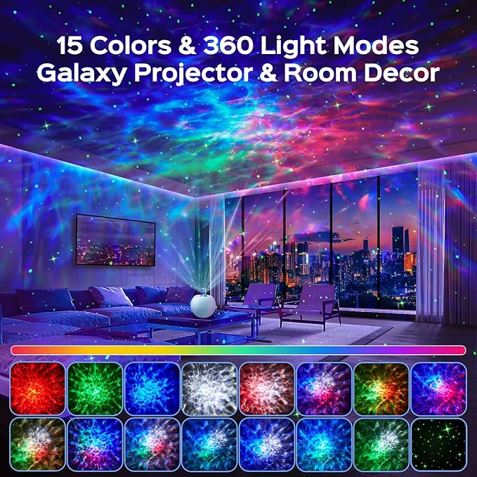 One Fire Galaxy Projector for Bedroom, 15 Colors+15 White Noise+ Bluetooth Star Projector Galaxy Light Projector Night Light Kids Room Decor Teen Girls Gift Sunset Lamp Led Lights Lava Lamp Led Clouds