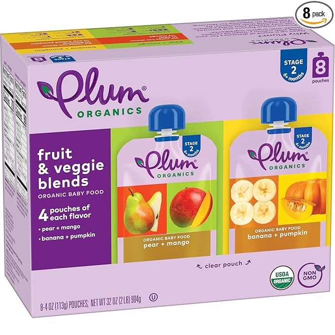 Plum Organics Variety Pack 6+Months - Pear + Mango & Banana + Pumpkin - Organic Fruit and Veggie Baby Food Pouches - 4 oz Pouch (Pack of 8)