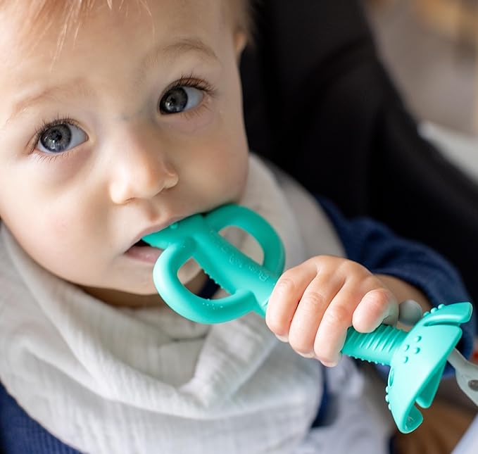 Busy Baby Teething Spoon - 2-in-1 Teether and Training Spoon for Self Feeding, Dishwasher Safe, BPA Free, Food Grade Silicone (Tan)