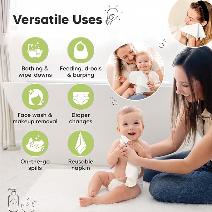 6-Pack Baby Washcloths - Soft Absorbent Viscose from Bamboo Wash Cloths for Babies, Kids, Toddlers, Infant, Newborn Bath Towels, Gentle on Sensitive Skin, 10x10 Reusable Face Towels (White)