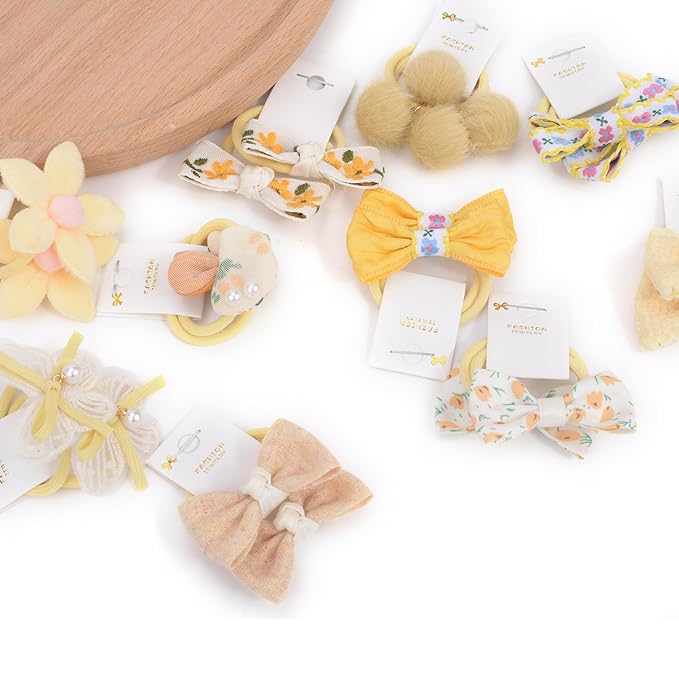 Boutique Baby Hair Accessories - 20 Pcs Hair Ties with Bows, 1.2 Inch Elastics Ponytail Holders, Pigtails Rubber Bands for Little Girls (Set-B)