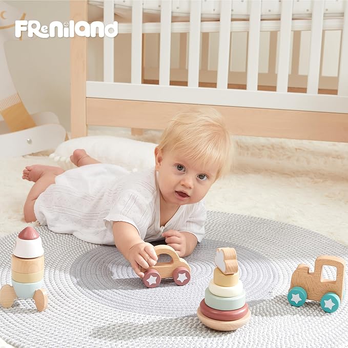 FReniland Wooden Montessori Toys, 4-Piece Wooden Baby Toy, Rainbow Stacking Ring,Car Push and Pull Toy, Rocket Stacking Ring Babys Toys,Newborn Baby Gift Sets for Boys and Girls