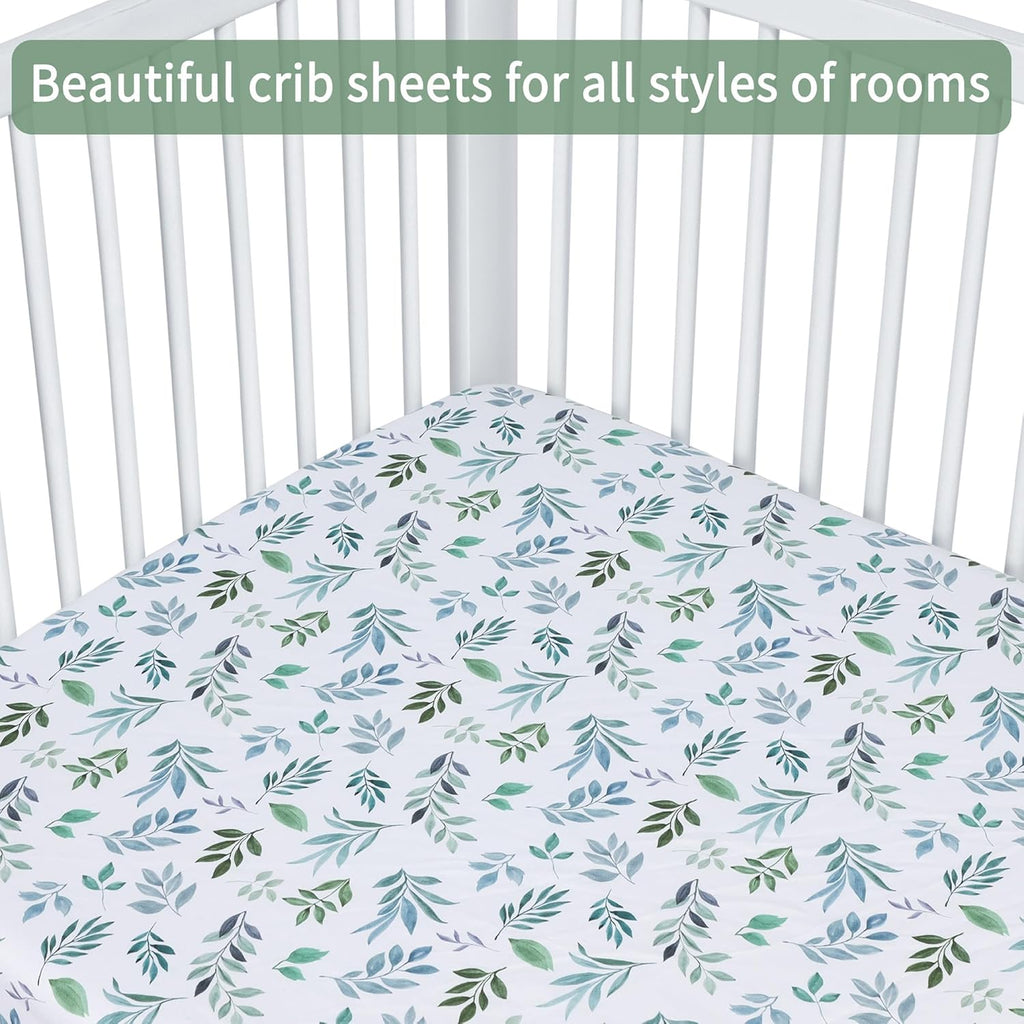 Baby Crib Sheets for Boys Girls, 2 Pack Fitted Crib Sheet for Standard Crib and Toddler Mattress, Soft Microfiber Baby Sheet 52x28x8in (Leaf & Green)