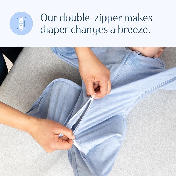 SleepingBaby Zipadee-Zip Transition Swaddle - Cozy Baby Swaddling Blanket with Zipper Convenience - Roomy Wearable Blanket for Easy Diaper Changes - 12-24 Month - Baseline Blue Heather
