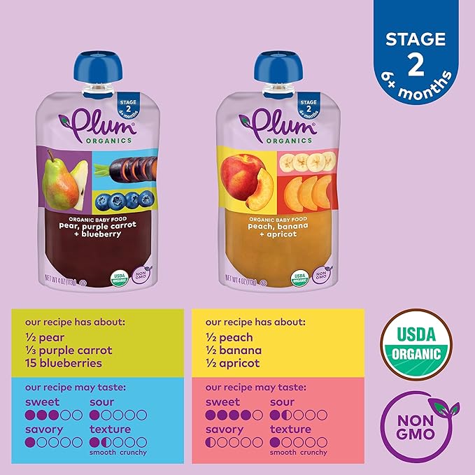 Plum Organics Variety Pack, 6+ Months - Organic Fruit and Veggie Baby Food Pouches - Pear, Purple Carrot + Blueberry & Peach, Banana + Apricot - 4 oz Pouch (Pack of 8)