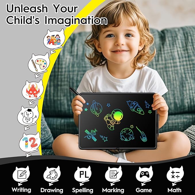 15 Inch LCD Writing Tablet for Kids, Large Kids Drawing Pad, Rechargeable Drawing Tablets, Drawing Supplies Toys Gifts for 3-8 Year Old Girls Boys, Black Drawing Board