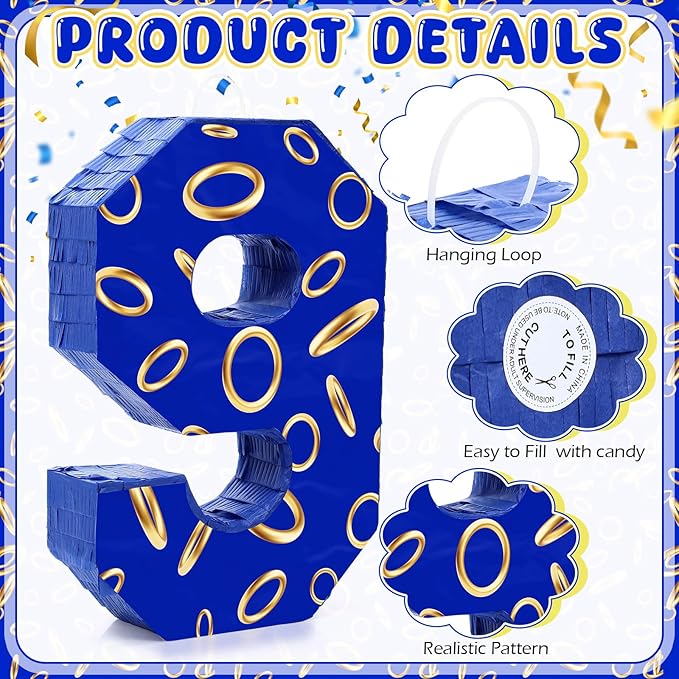 Number 9 Blue and Golden Rings Piñata for Kids Birthday Cartoon Theme Small Piñata with Blindfold Stick Confetti for Fiesta Cinco De Mayo Party Decor, 15.8 x 11 x 2.8 Inch