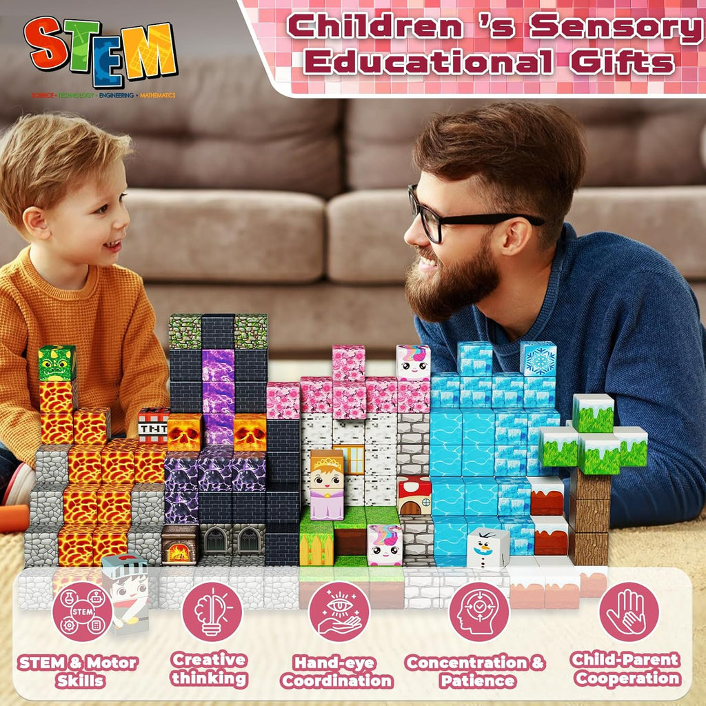 Magnetic Blocks - 150PCS Magnetic Building Block Cubes Dark Forest Glacier Castle, Magnet Toy Building Sets for Kids Age 3+, STEM Stacking Construction Toys Easter Gift for Boys Girls Age 4-8, 8-12