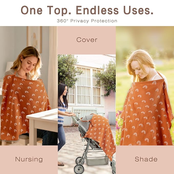 Nursing Cover 100% Cotton Breastfeeding Cover Privacy Muslin Stylish Full Coverage Nursing Scarf Gift Packaging (Rainbow Gradient)