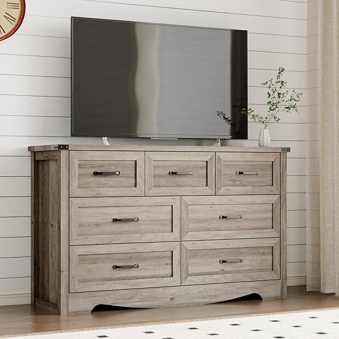 7-Drawer Dresser for Bedroom, Modern Wooden Chest of Drawers with Metal Handles, Anti-Tipping Design, Sturdy and Stable Storage Organizer for Living Room, Entryway, Home Office