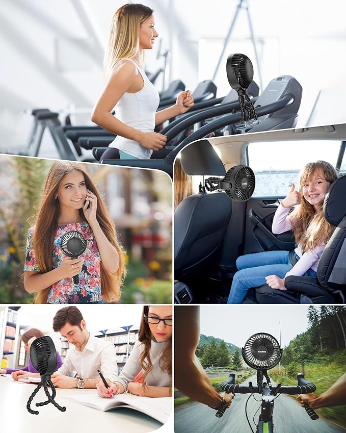 Stroller Fan Clip on for Baby, 4000mAh Rechargeable Battery Operated, Flexible Tripod, 3 Wind Speed, 360° Rotatable, Small Cooling Portable Fan for Car Seat Crib Golf Cart Bike Treadmill, Black