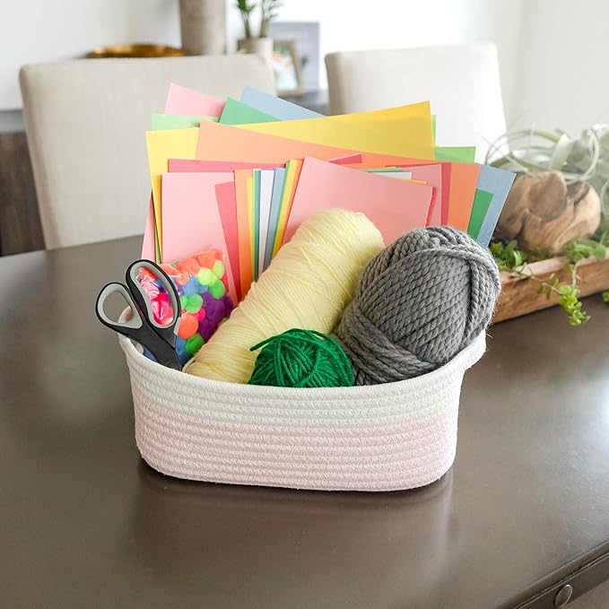 NaturalCozy 5-Piece Rectangle Storage Basket Set- Natural Cotton Rope Woven Baskets for Organizing! Small Basket for Montessori, Baby Nursery, Dog Toy Baskets, Cat Toy Box, Bathroom Organization Bin