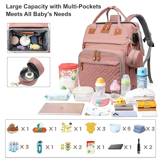 Baby Diaper Bag Backpack Diaper Bag Multifunctional Waterproof Diaper Bag with Changing Station Travel Diaper Backpack with Changing Pad, Pacifier Case & Stroller Straps(Pink)