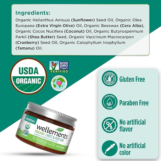 Wellements Organic Baby Chest & Foot Rub for 3 Months+ (1.8 Fl Oz) | Soothes & Comforts | Baby congestion relief* with Eucalyptus and Lavender | Free From Petroleum, Menthol and Artificial Fragrance