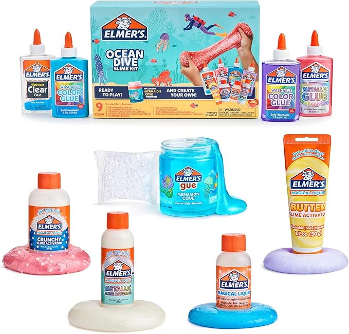 Elmer's Ocean Dive Slime Kit, Slime Supplies Include Liquid Glue, Activator, and Premade Slime, 9 Count