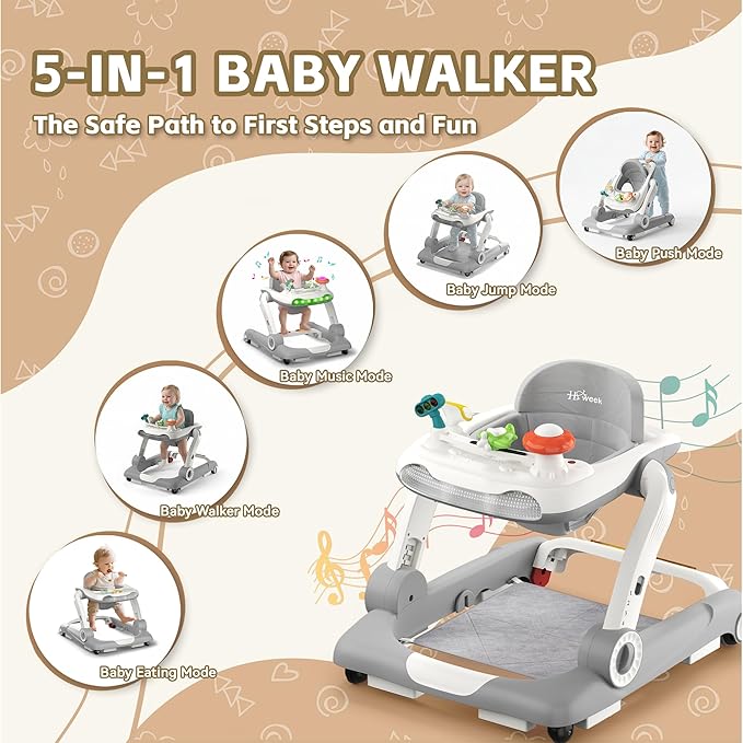 Baby Walker with Wheels, 5 in 1 Walker for Baby Boy Girl with Bouncer, Music and Lights Baby Jumper Activity Center, Adjustable Height, Push Walker for Ages 7-18 Months Toddler (Gray)