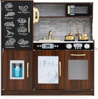 HONEY JOY Kids Kitchen Playset, Wooden Little Chef Pretend Toy Kitchen Set w/Chalkboard, Telephone, Utensils, Oven, Microwave, Sink, Storage, Play Kitchen for Toddlers Boys Girls, Espresso