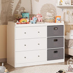 White Nursery Dresser with Changing Top, Baby Diaper Changing Station with 3 Fabric Drawer, Safety Rail & Nursery Organizer, Modern Dressers for Bedroom (47.2" W x 18.9" D x 36.1" H)