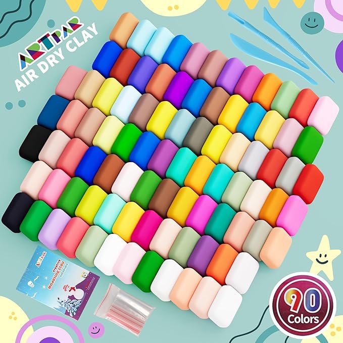 Air Dry Clay for Kids,90 Colors Modeling Model Magic Clay,DIY Molding Clay Starter Kit with Sculpting Tools,Soft and Non-Sticky,Art and Crafts for Boys & Girls 3-12 Years Old.