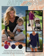 Huukeay 3 Pack Women's Long Sleeve Nursing Tops, Breastfeeding Hidden Zippers Shirts V Neck Maternity Pregnancy Tees Clothes