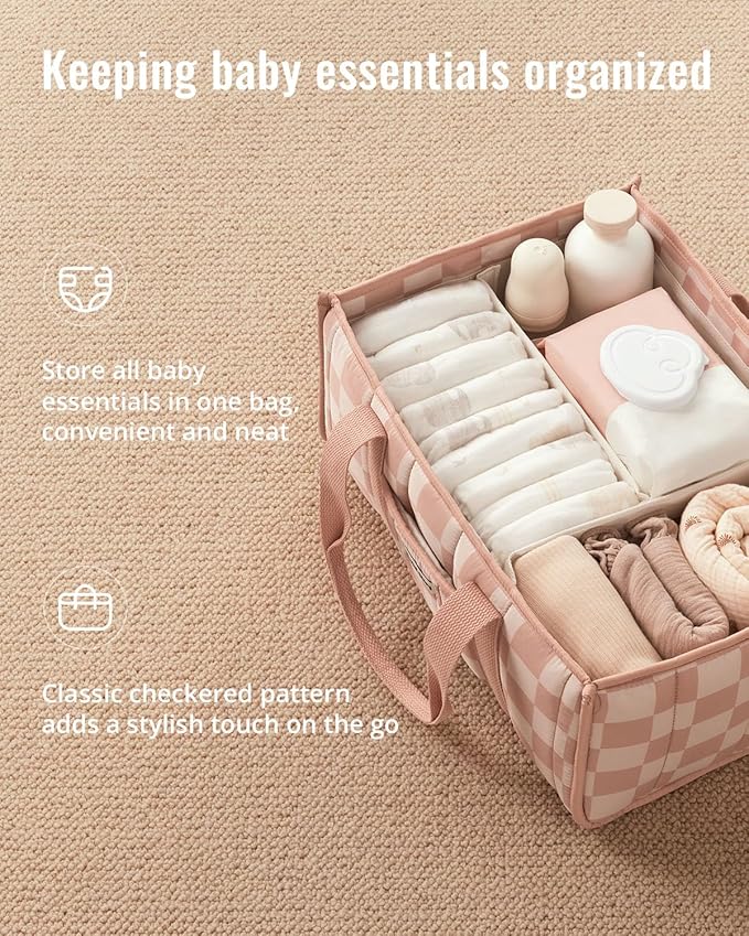 Blissful Diary Checkered Diaper Caddy Organizer, Stylish Nursery Storage Basket, Gift for Baby Shower, Newborn Essentials, Registry Search Must Haves, Pink