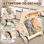LOL-FUN Wooden Baby Walker with Double-Sided Busy Board, Push Walker for Baby with Adjustable Speed Wheels, Activity Learning Walker for Boys 6-12 Months