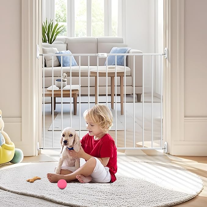 Adjustable Baby Safety Swing Gate, Hardware-Mounted Metal Gate for Stairs and Doorways, Secure Latch for Kids and Pets (White, 24"-40.5" W x 28.75" H)