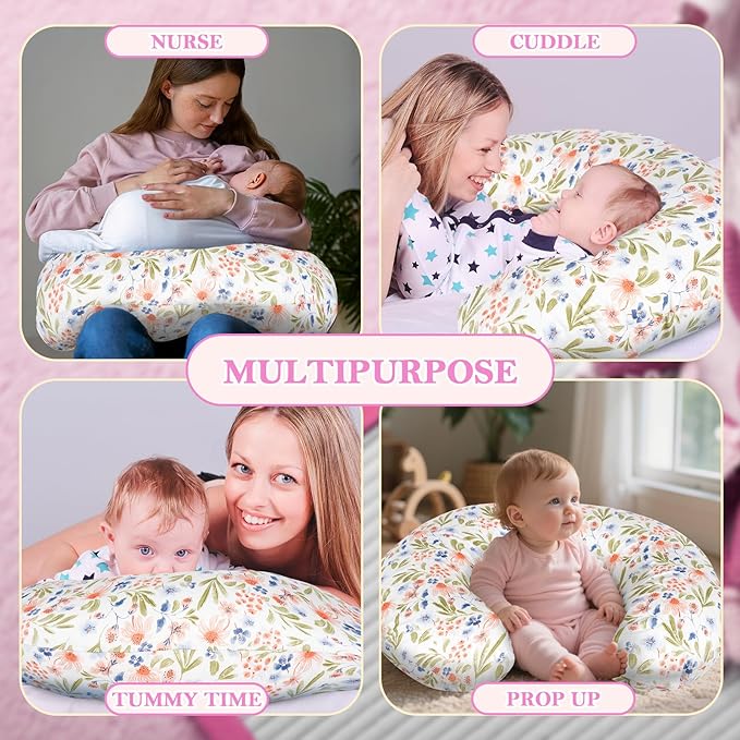 Nursing Pillow - Breastfeeding Pillow with Breathable Filling & Removable Cover, Ergonomic Support for Breastfeeding & Bottle (Green Leaf,0-18 Months)