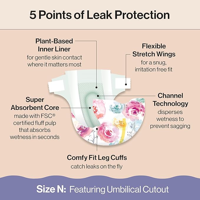 The Honest Company Clean Conscious Diapers for Delicate Skin | Up to 100% Leakproof | Hypoallergenic, Fragrance Free | Girl Prints | Club Box, Size Newborn, 72 Count (Prints May Vary)