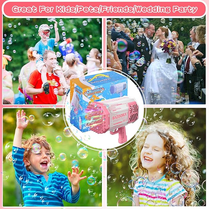 Bubble Machine Gun, 69 Holes Bubble Gun with Lights, Pink Outdoor Summer Beach Kids Bubbles Toys Birthday Wedding Party Halloween Fun for Girls Boys